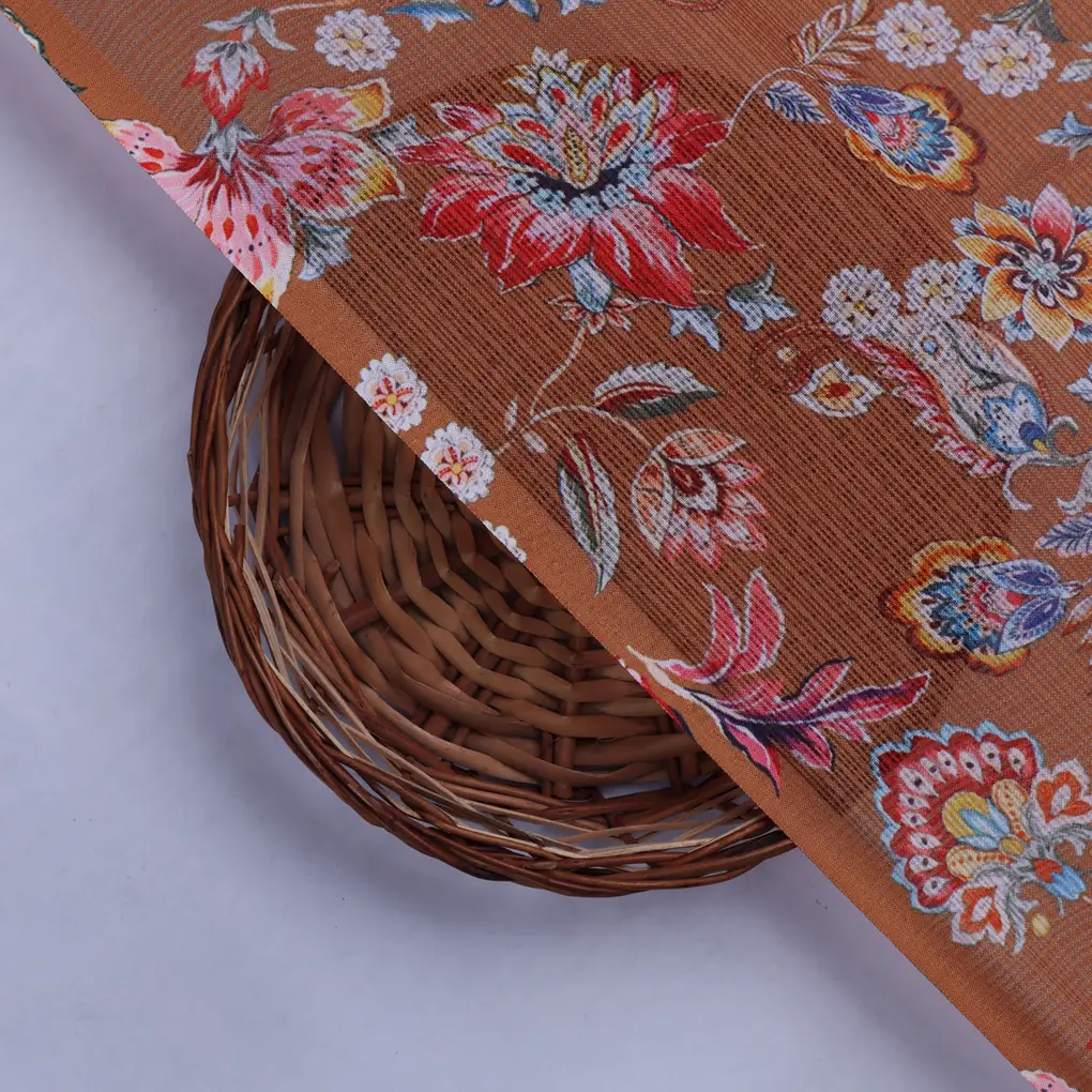 Kota Doria Fabric with Floral Print Brown - Image 2