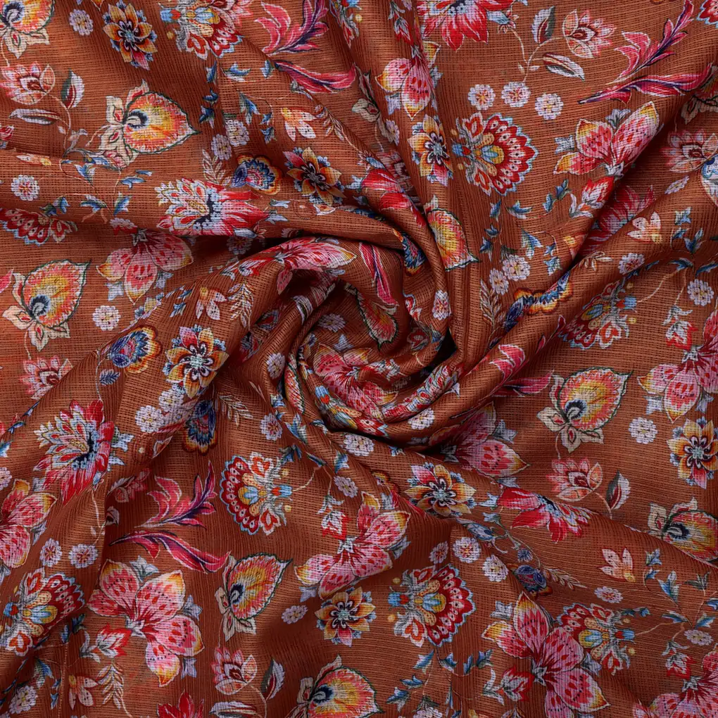Kota Doria Fabric with Floral Print Brown - Image 3