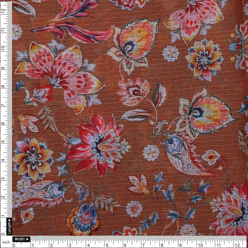 Kota Doria Fabric with Floral Print Brown - Image 4
