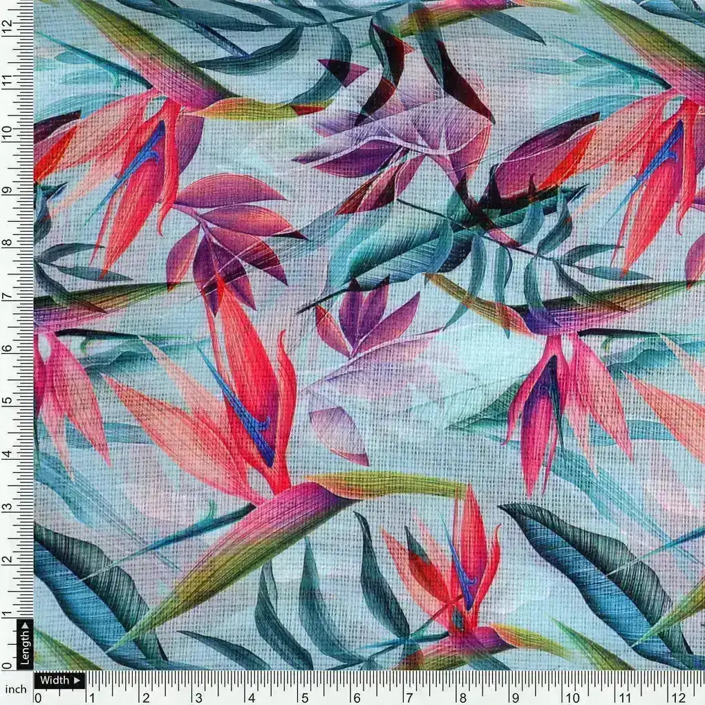 Large Leaves Digital Printed Kota Doria Fabric - Image 4