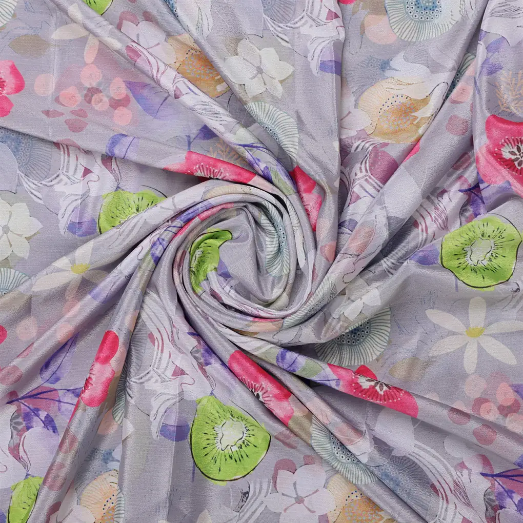 Lavender Floral & Kiwi Print Lustrous Chinon Fabric - Image 2