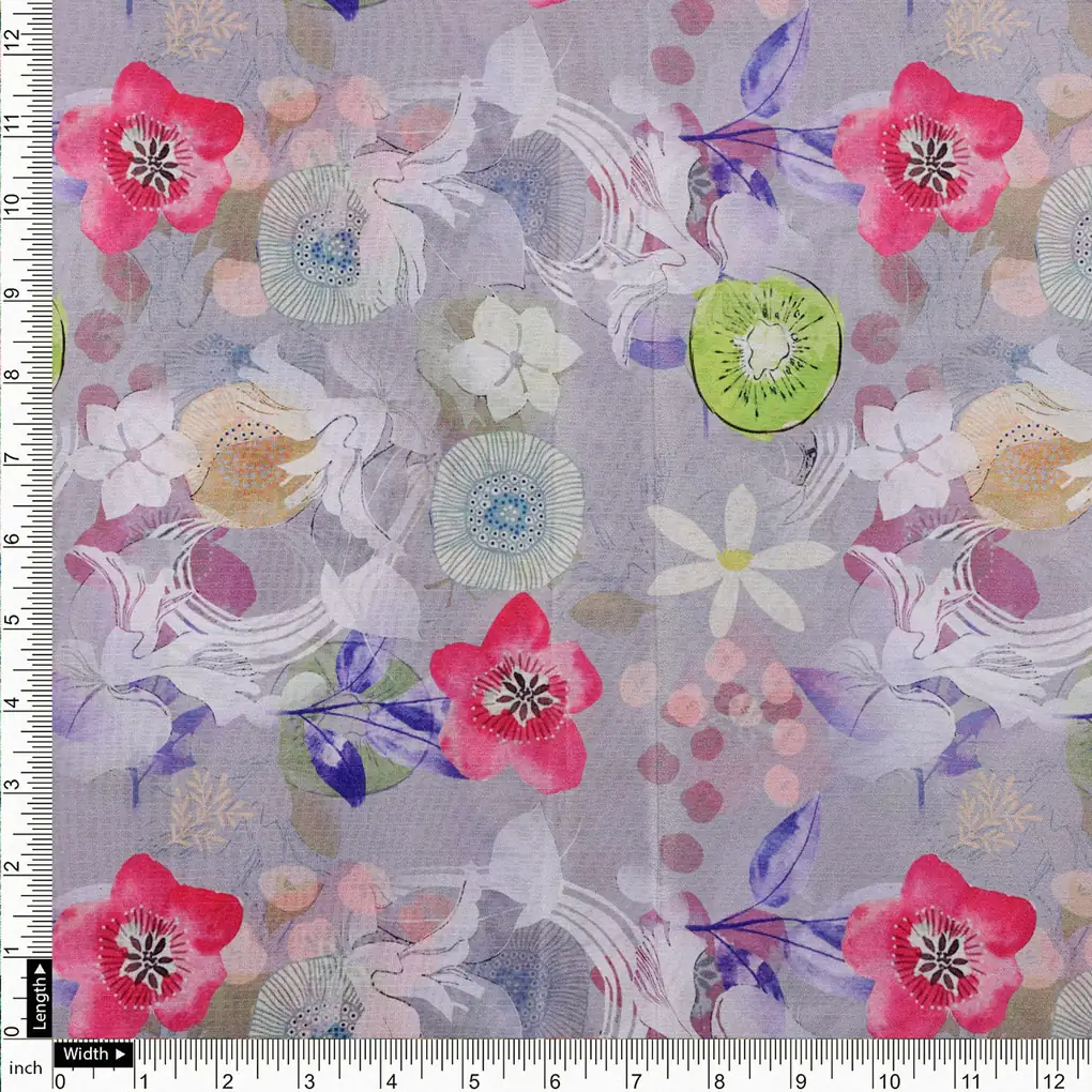 Lavender Floral & Kiwi Print Lustrous Chinon Fabric - Image 4