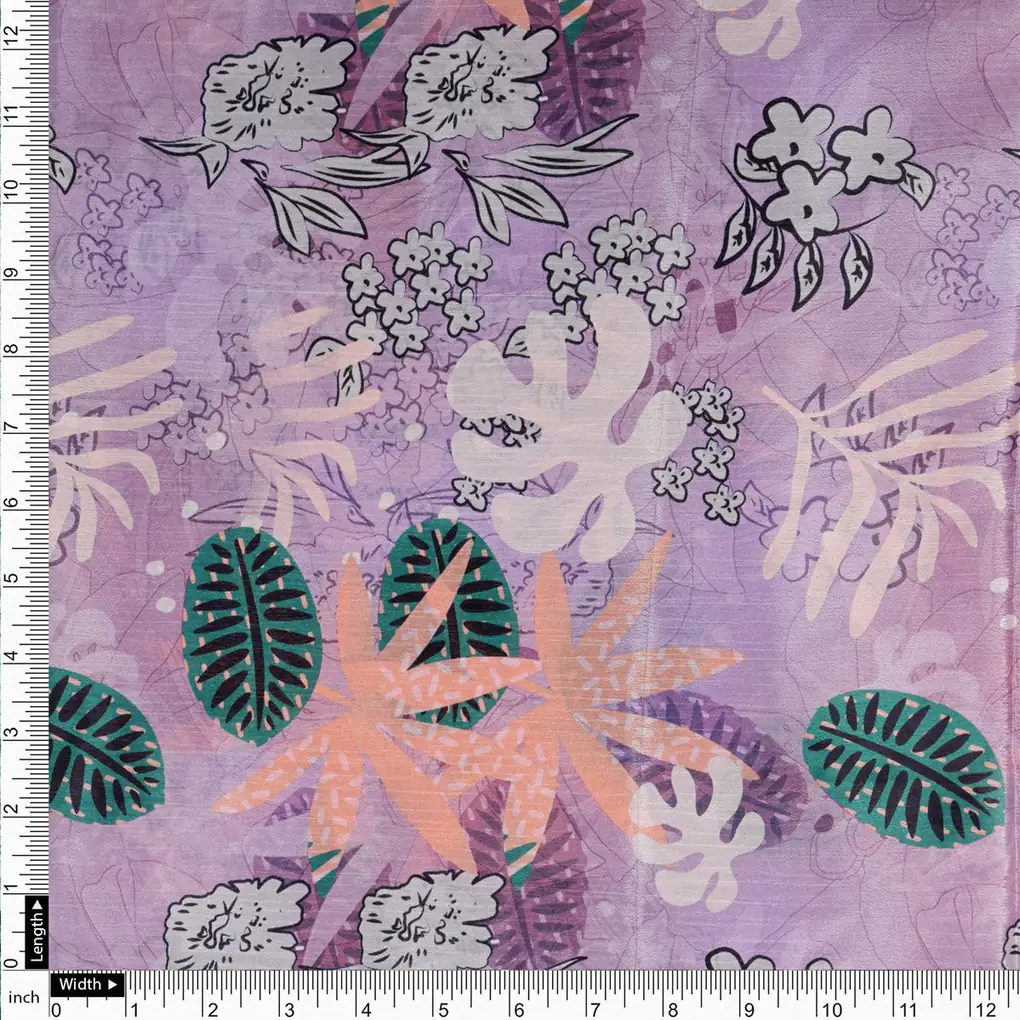 Lavender Tropical Floral and Leafy Print Chinon Fabric - Image 4