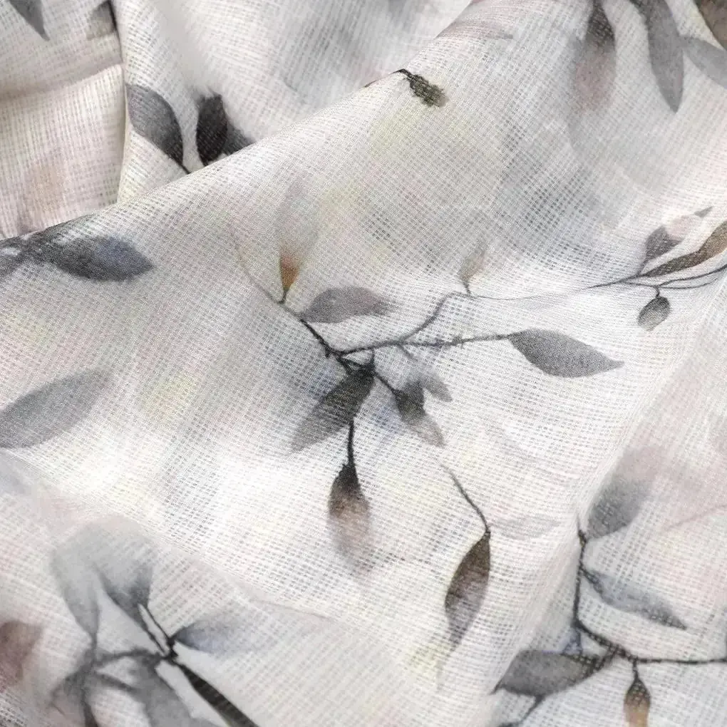 Leaves Laying Over Whilte Base Digital Printed Kota Doria Fabric - Image 3