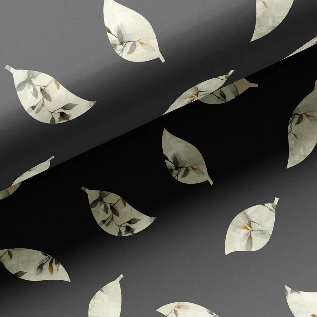 Leaves Print On Dark Grey Base Digital Printed Fabric - Image 2