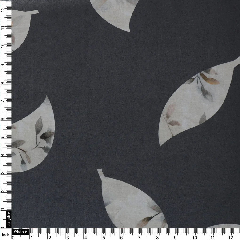 Leaves Print On Dark Grey Base Digital Printed Fabric - Image 4