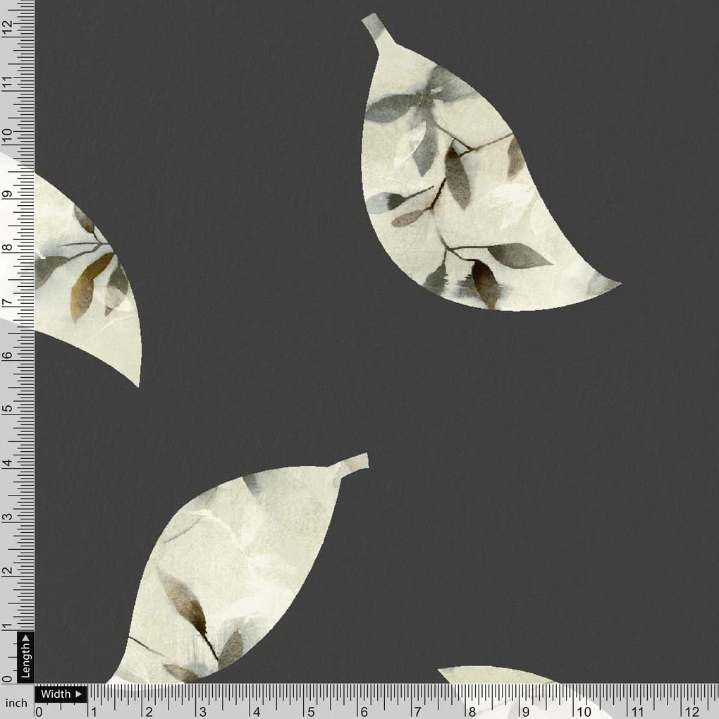 Leaves Print On Dark Grey Base Digital Printed Fabric - Image 3