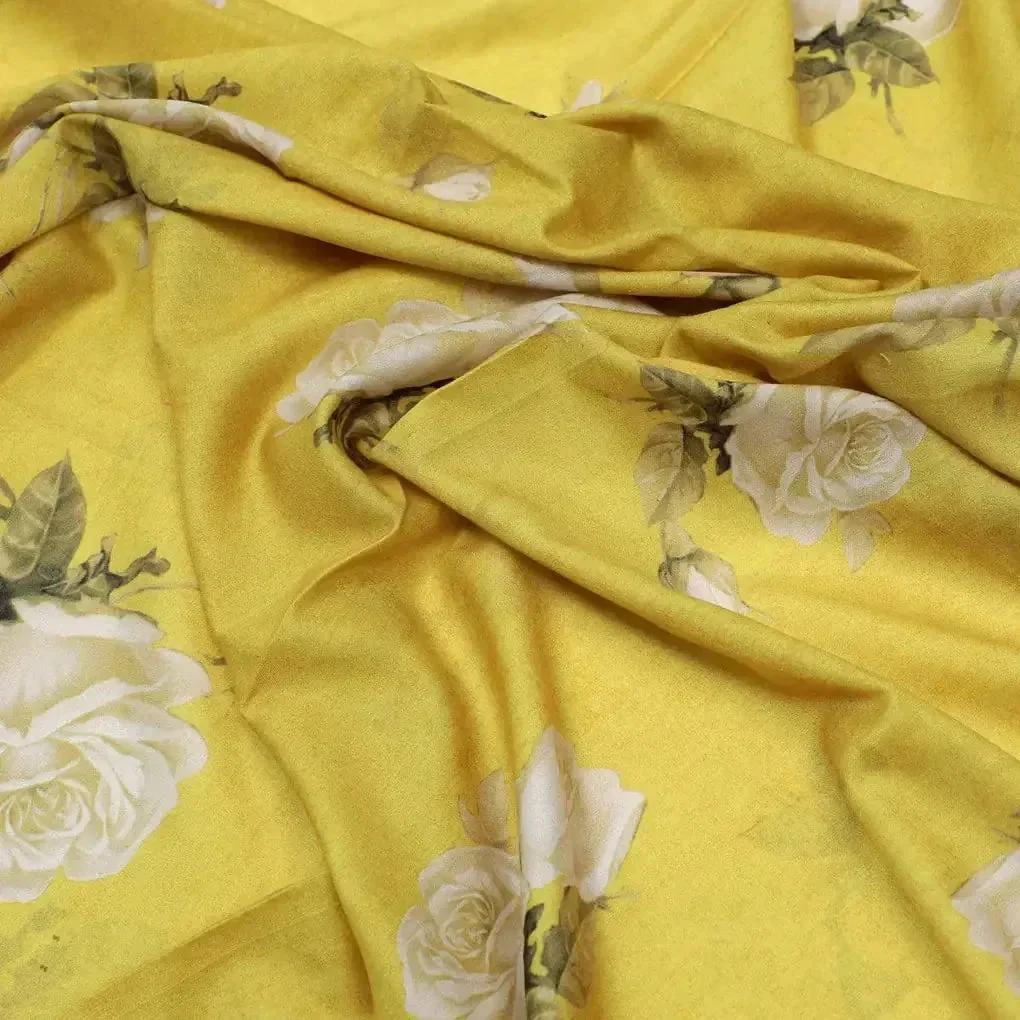 Lemon Yellow Flower Allover Digital Printed Fabric - Kora Silk - Image 3