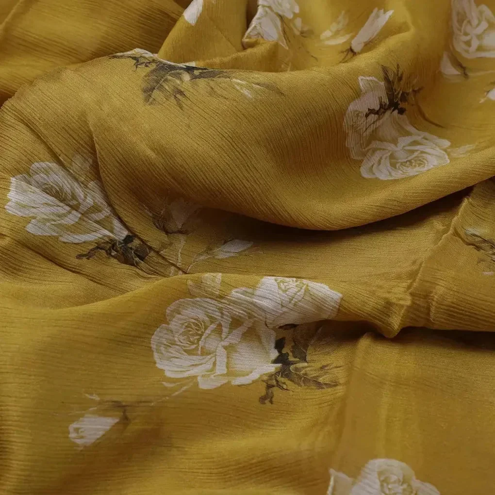 Lemon Yellow Flower Allover Digital Printed Fabric - Pure Chinon - Image 3