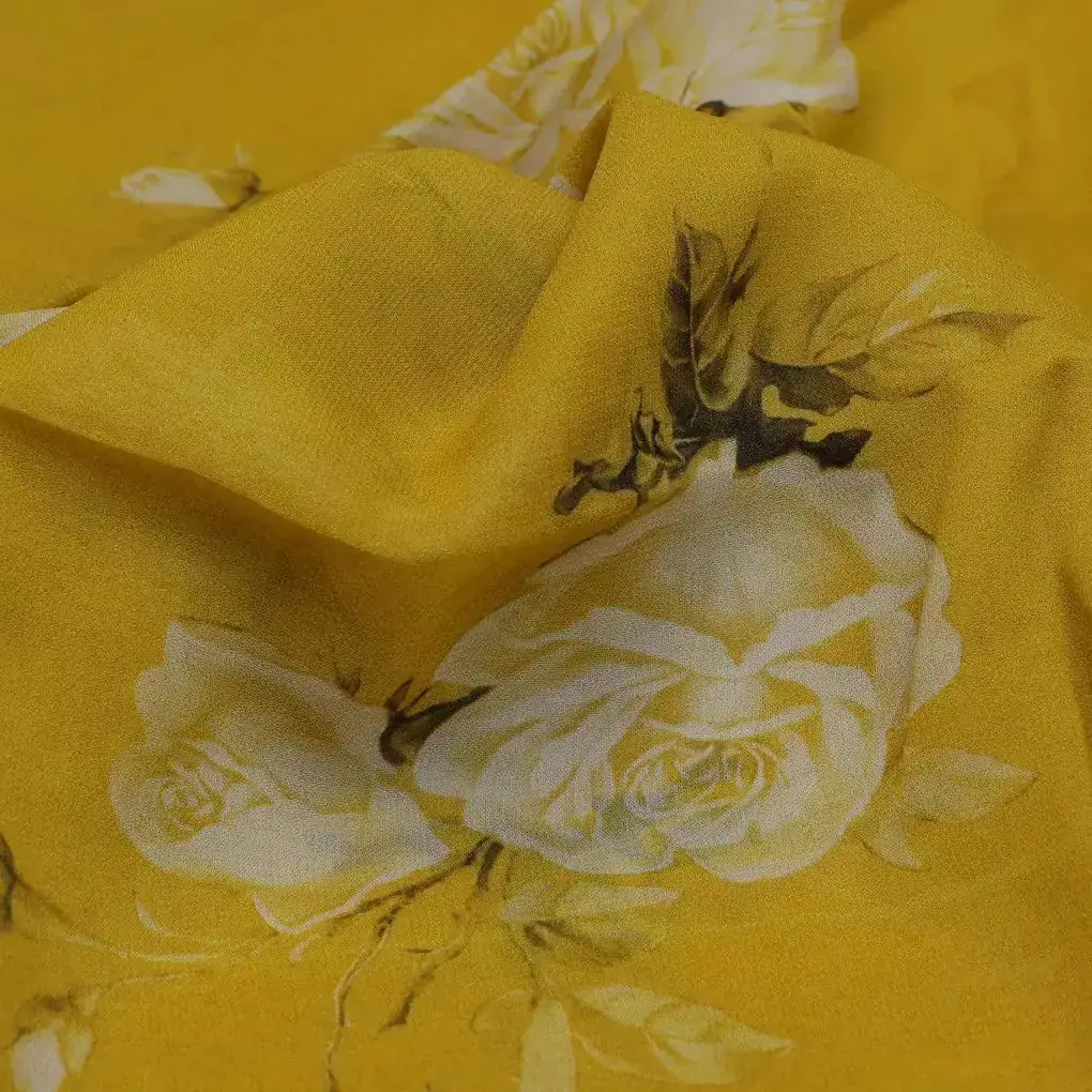 Lemon Yellow Flower Allover Digital Printed Fabric - Pure Georgette - Image 3
