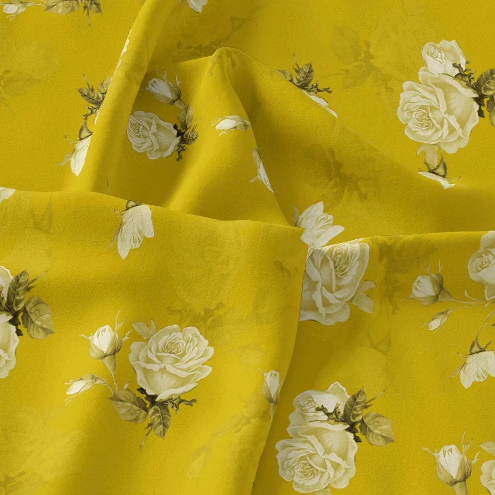Lemon Yellow Flower Allover Digital Printed Fabric - Upada Silk - Image 3