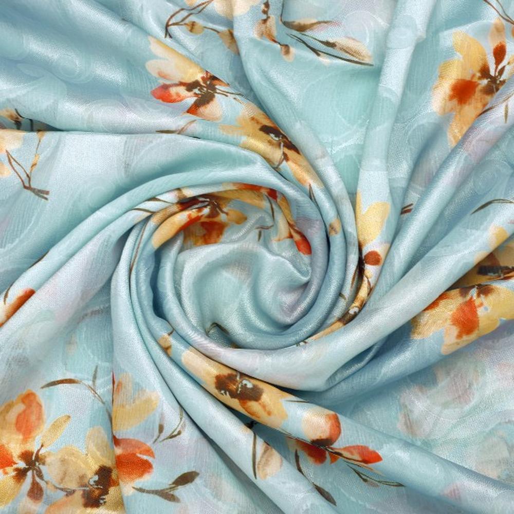 Light Blue and Orange Floral Paisley Print Brasso Fabric - Image 2