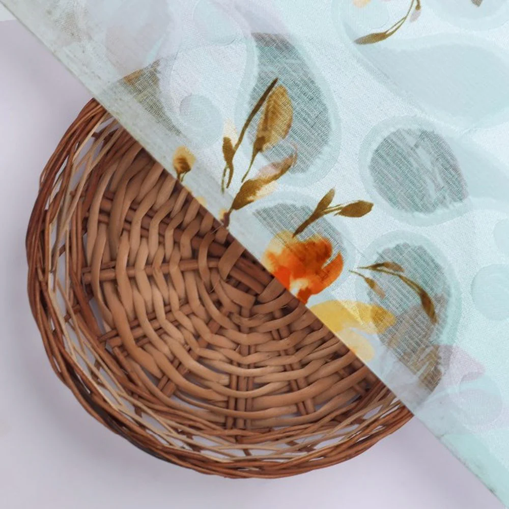 Light Blue and Orange Floral Paisley Print Brasso Fabric - Image 3