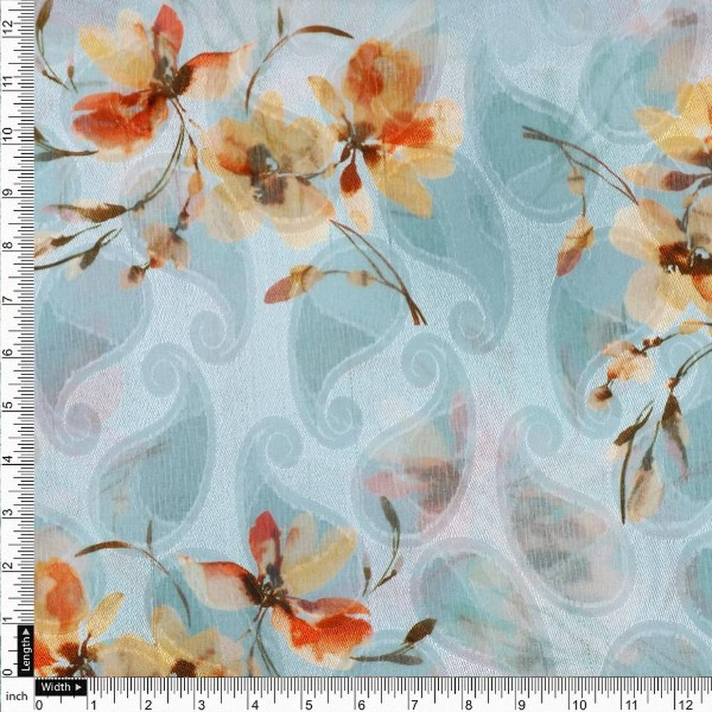 Light Blue and Orange Floral Paisley Print Brasso Fabric - Image 4