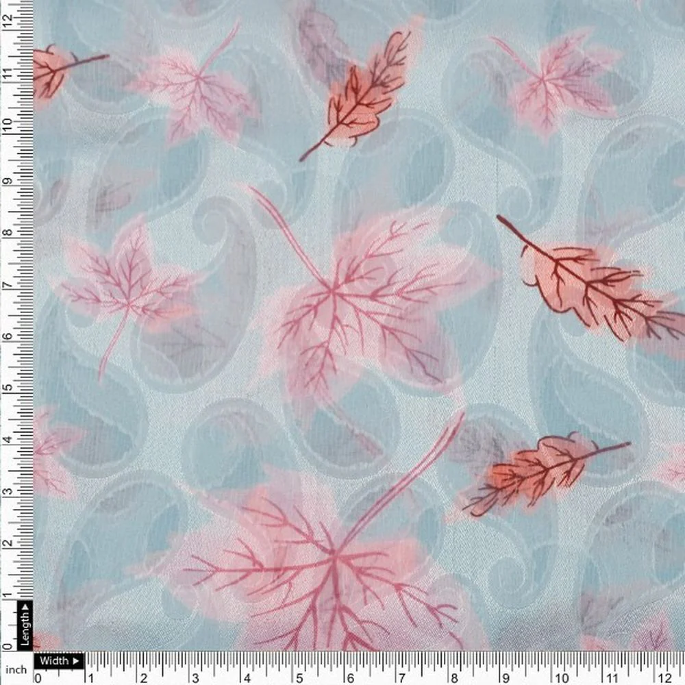 Light Blue Brasso Fabric with Pink Leaves - Image 4