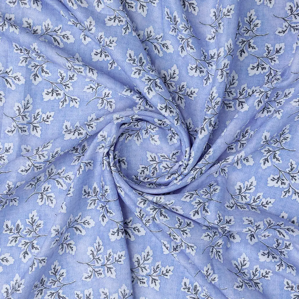 Light Blue Leaves Pashmina Printed Fabric - Image 2