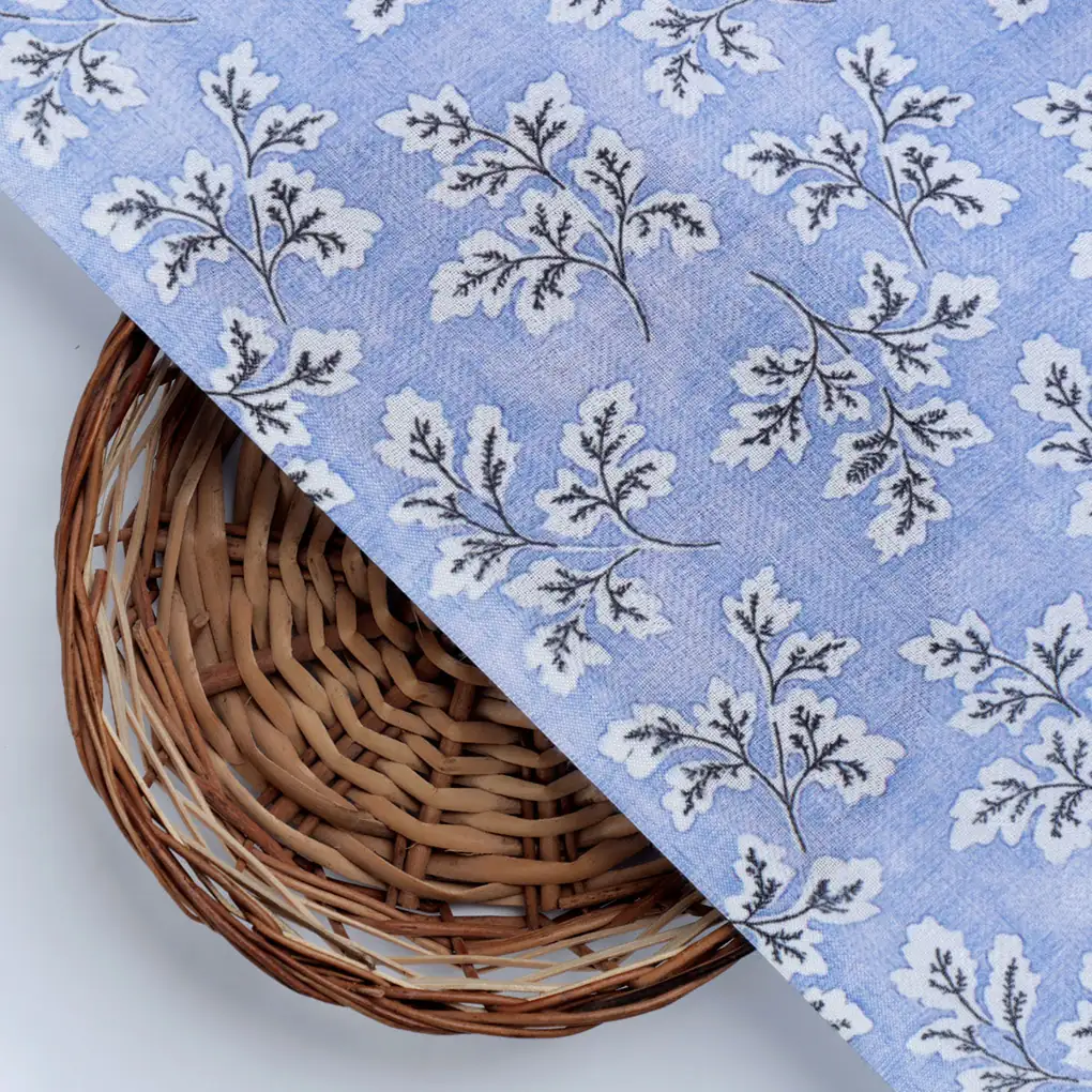 Light Blue Leaves Pashmina Printed Fabric - Image 3