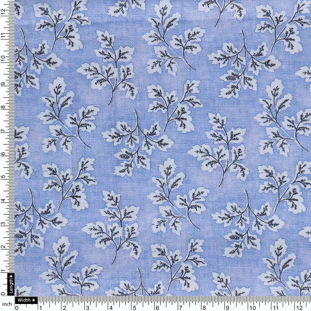 Light Blue Leaves Pashmina Printed Fabric - Image 4