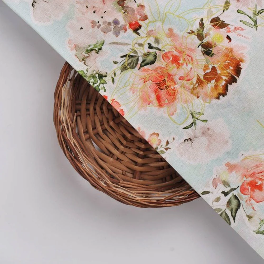 Light Blue Orange Floral Printed Premium Polyester Fabric - Image 3