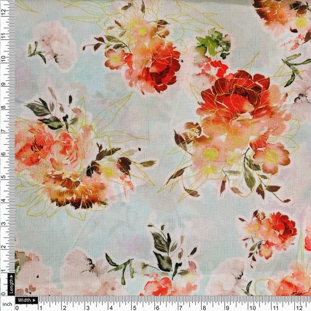 Light Blue Orange Floral Printed Premium Polyester Fabric - Image 4