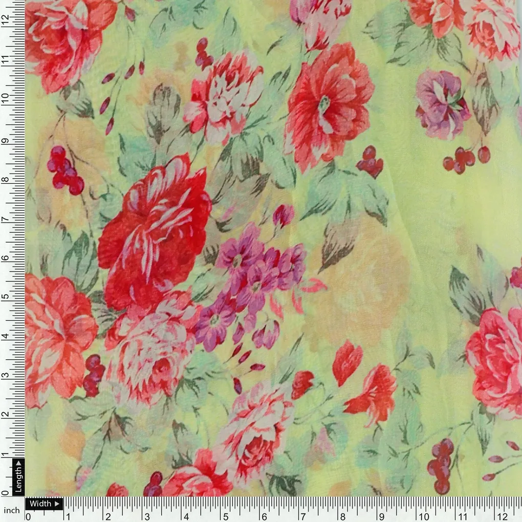 Light Green Floral Digital Printed Viscose Organza Fabric - Image 4