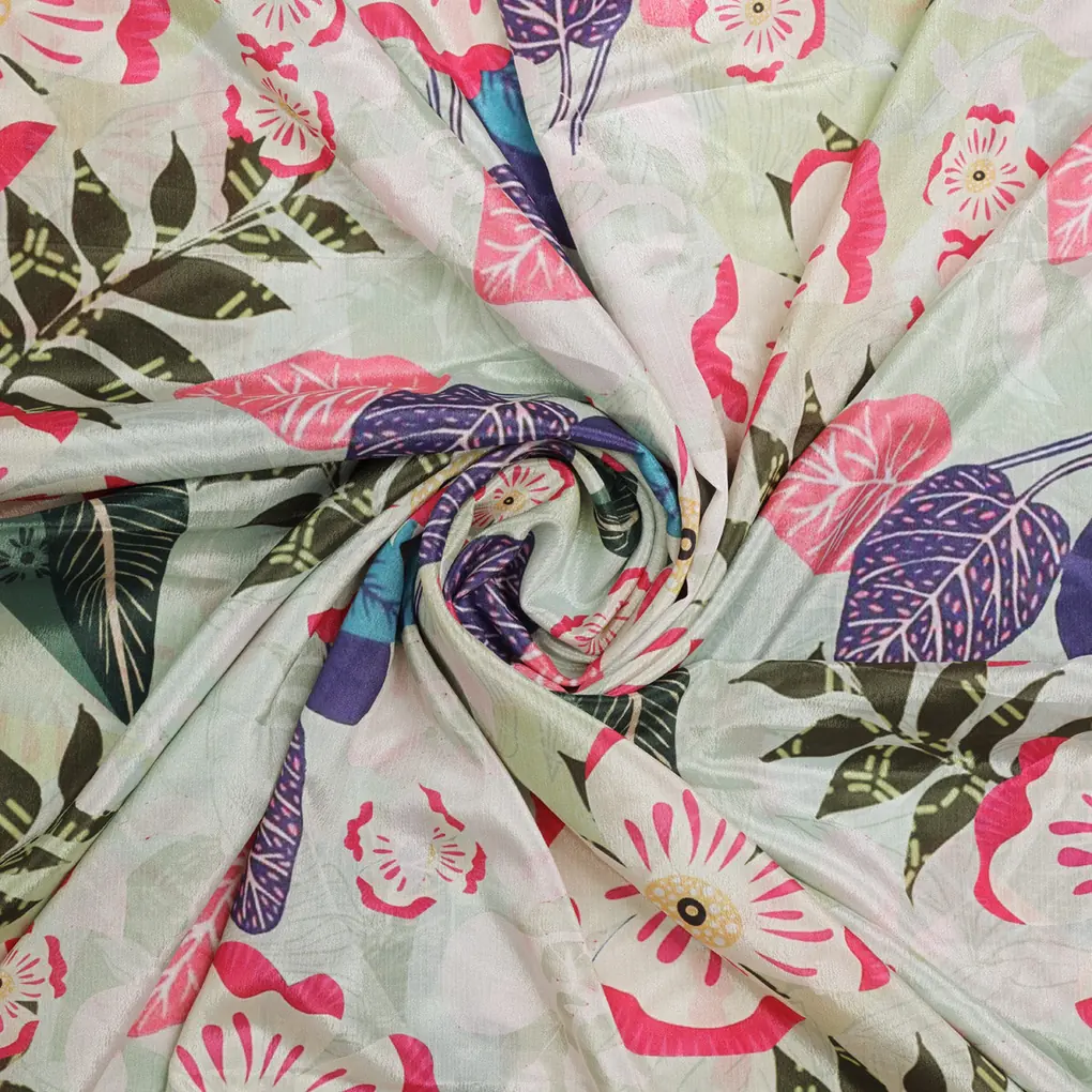 Light Green Tropical Floral & Leaf Print Chinon Fabric - Image 2