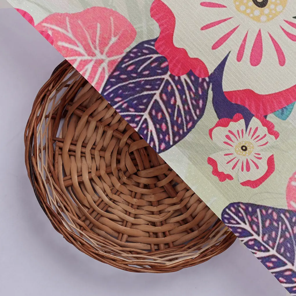 Light Green Tropical Floral & Leaf Print Chinon Fabric - Image 3