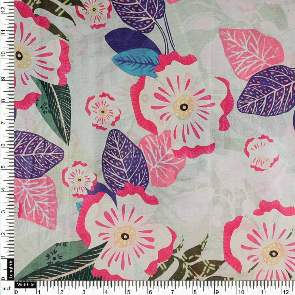 Light Green Tropical Floral & Leaf Print Chinon Fabric - Image 4