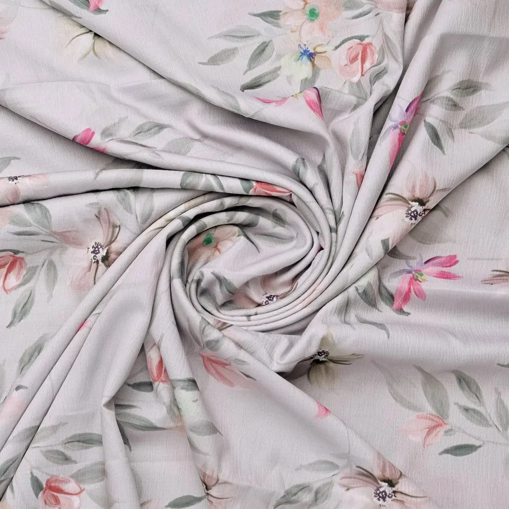 Light Grey Watercolor Floral Printed Premium Polyester Fabric - Image 2