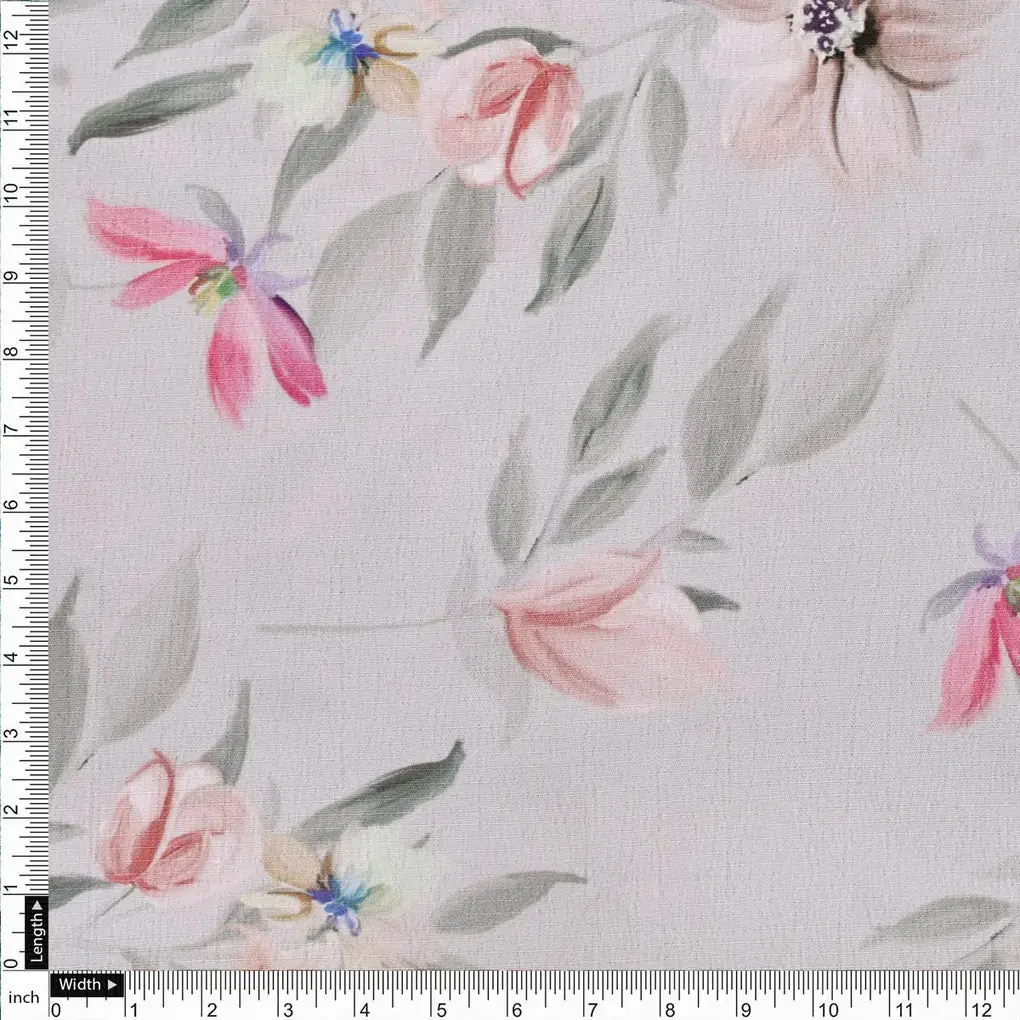 Light Grey Watercolor Floral Printed Premium Polyester Fabric - Image 4