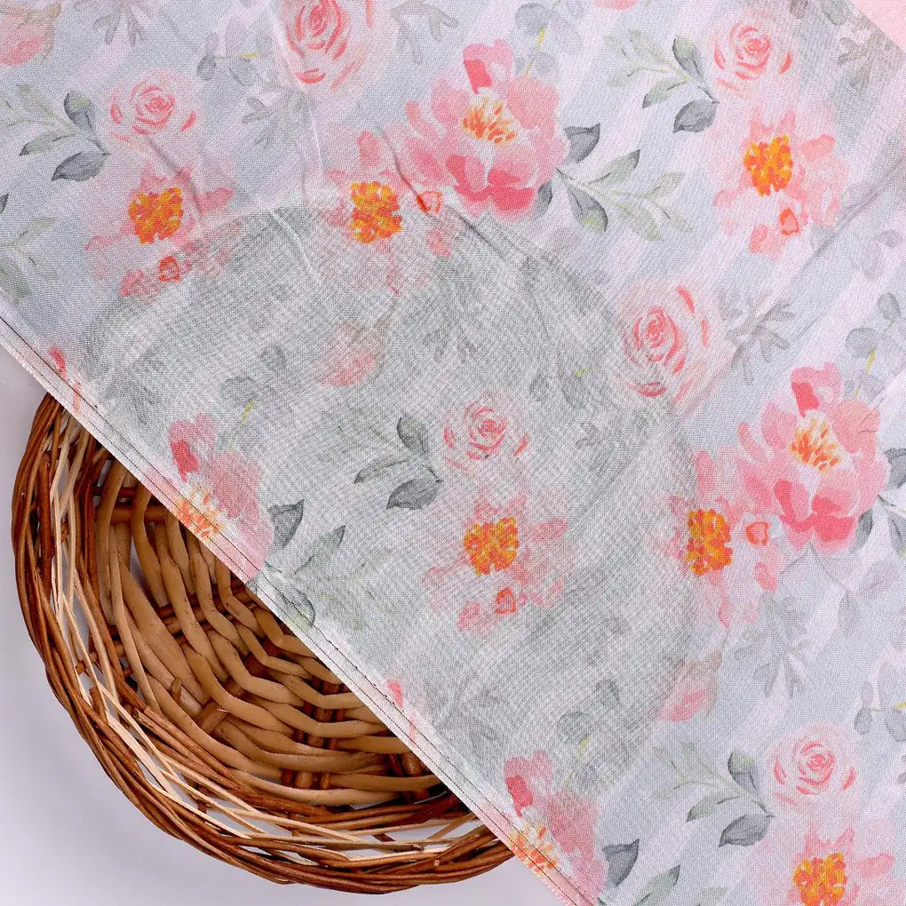 Pink Floral Pure Muslin Printed Fabric Material - Image 2