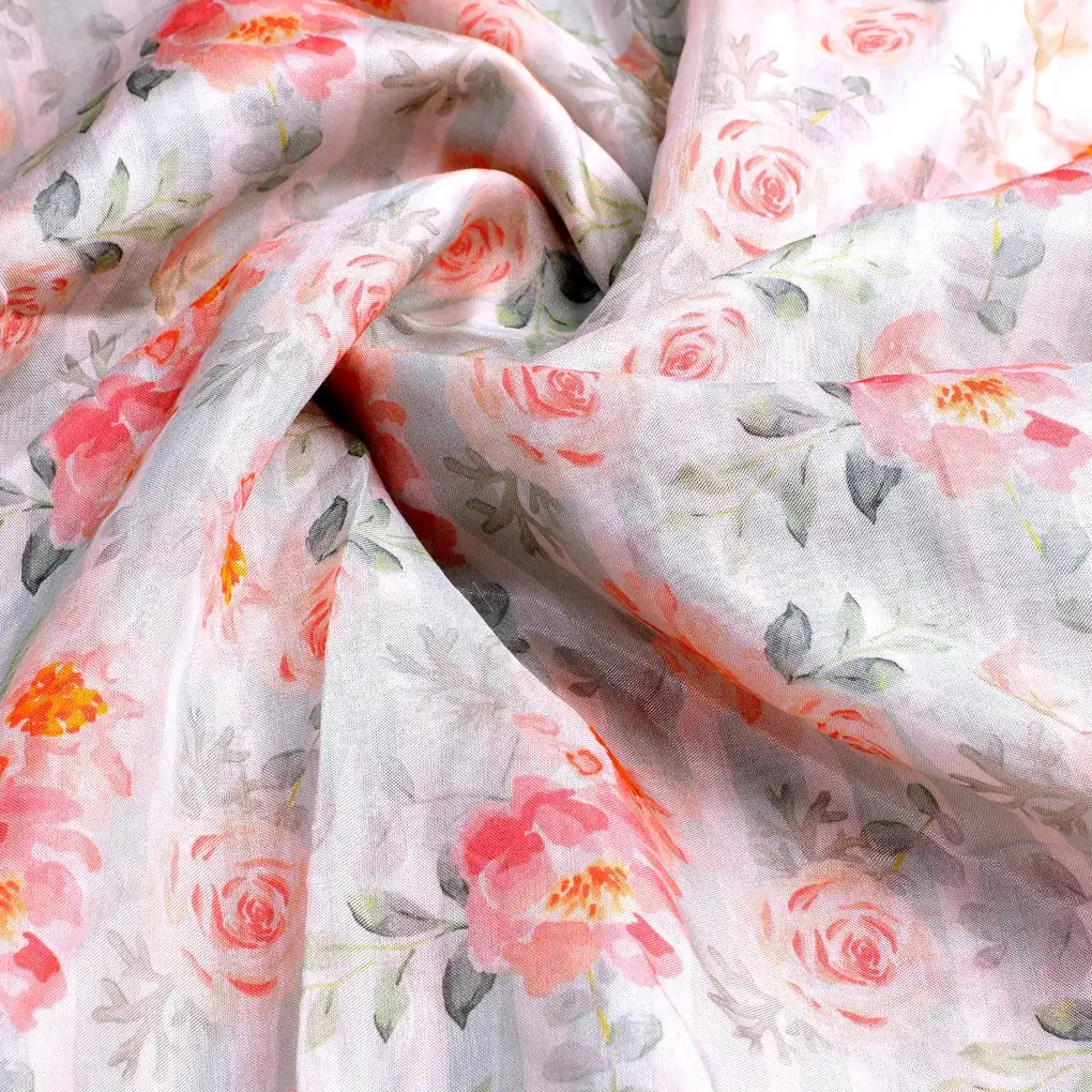 Pink Floral Pure Muslin Printed Fabric Material - Image 3