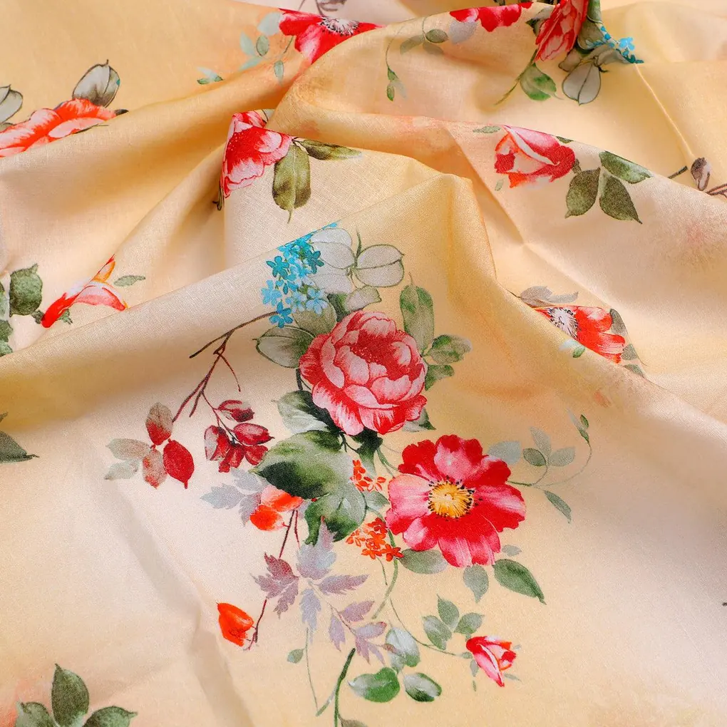 Light Yellow Floral Pure Cotton Printed Fabric Material - Image 3