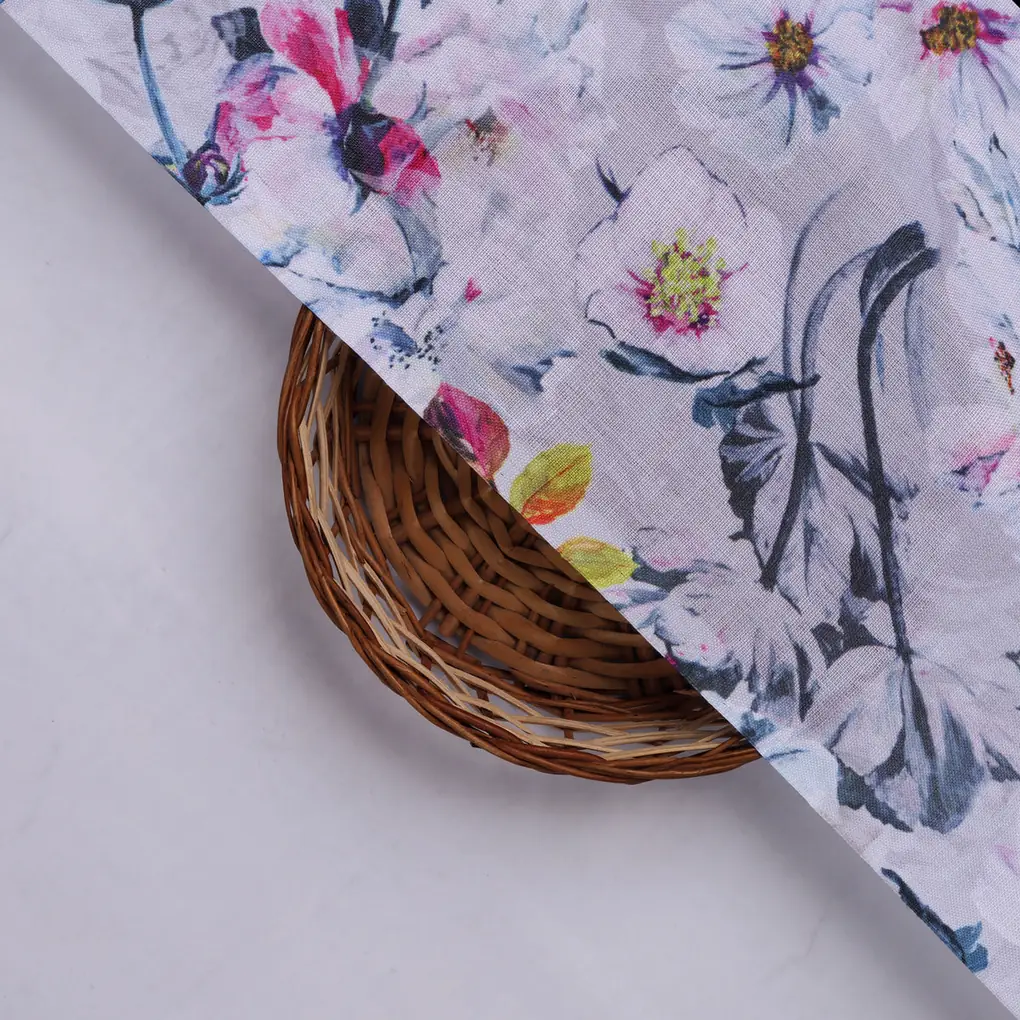 Lilac Floral Printed Linen Fabric - Image 2
