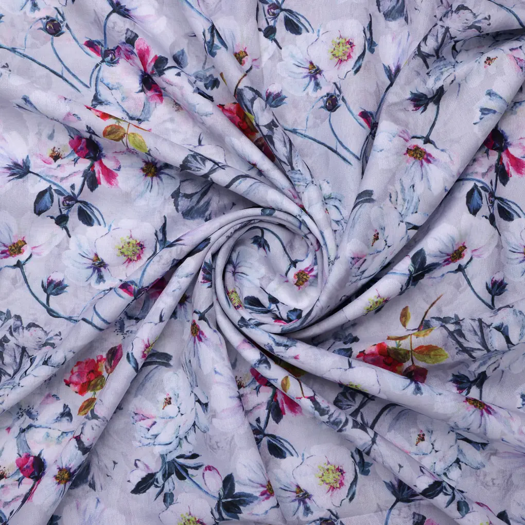 Lilac Floral Printed Linen Fabric - Image 3