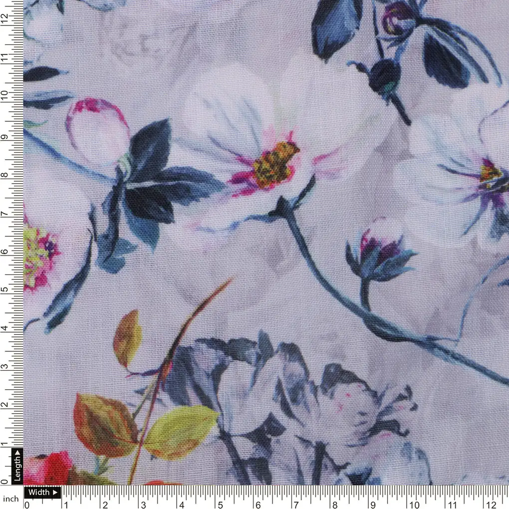 Lilac Floral Printed Linen Fabric - Image 4