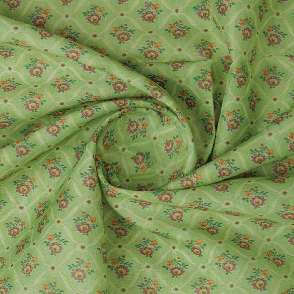 Lime Green Ditsy Floral Ogee Pattern Chanderi Fabric - Image 3