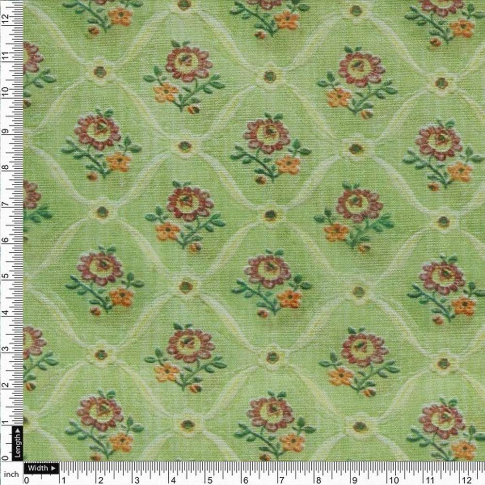Lime Green Ditsy Floral Ogee Pattern Chanderi Fabric - Image 4