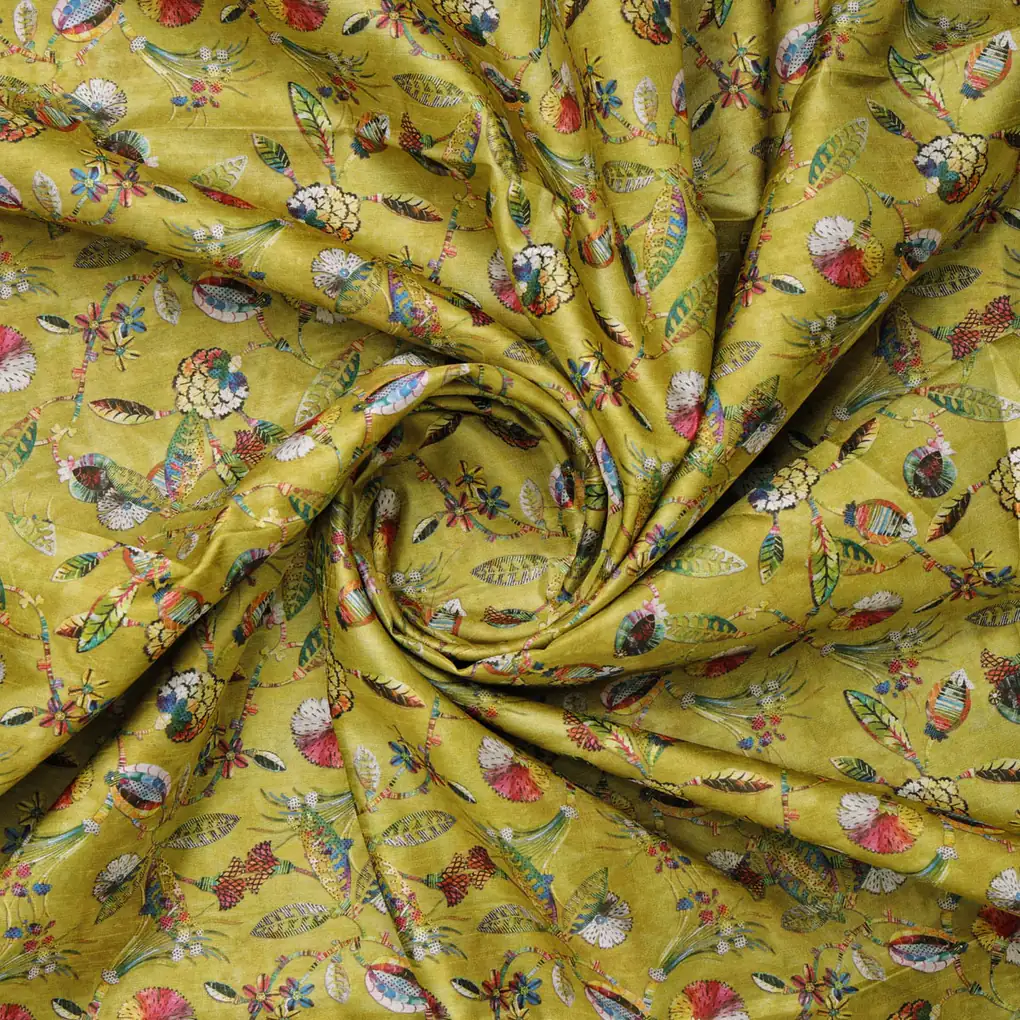 Lime Green Dola Silk Fabric with Vibrant Floral Print - Image 2