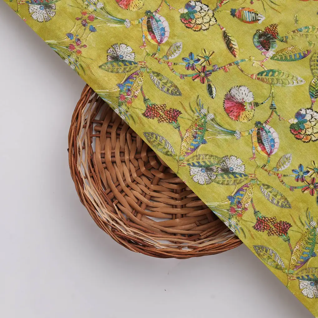 Lime Green Dola Silk Fabric with Vibrant Floral Print - Image 3