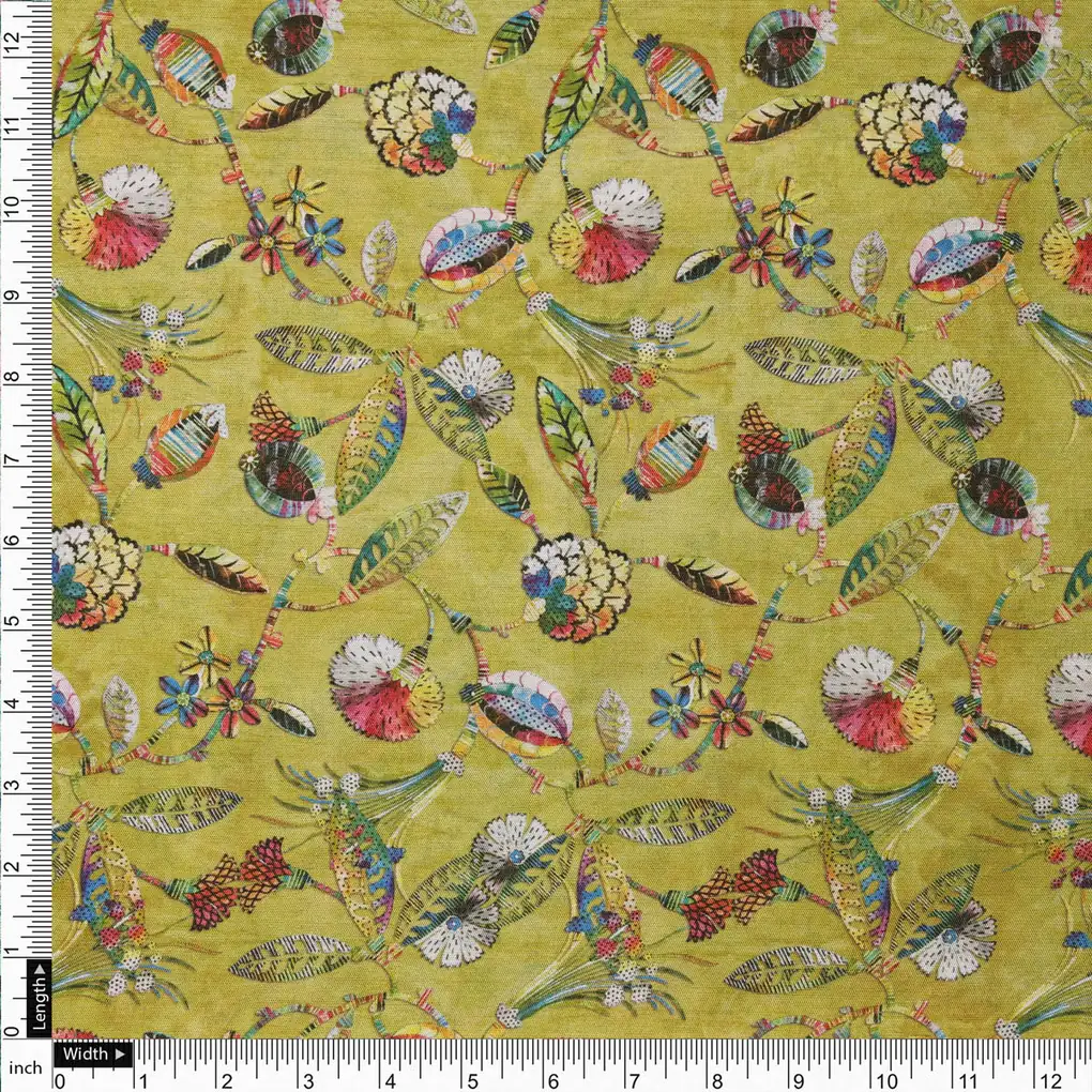 Lime Green Dola Silk Fabric with Vibrant Floral Print - Image 4