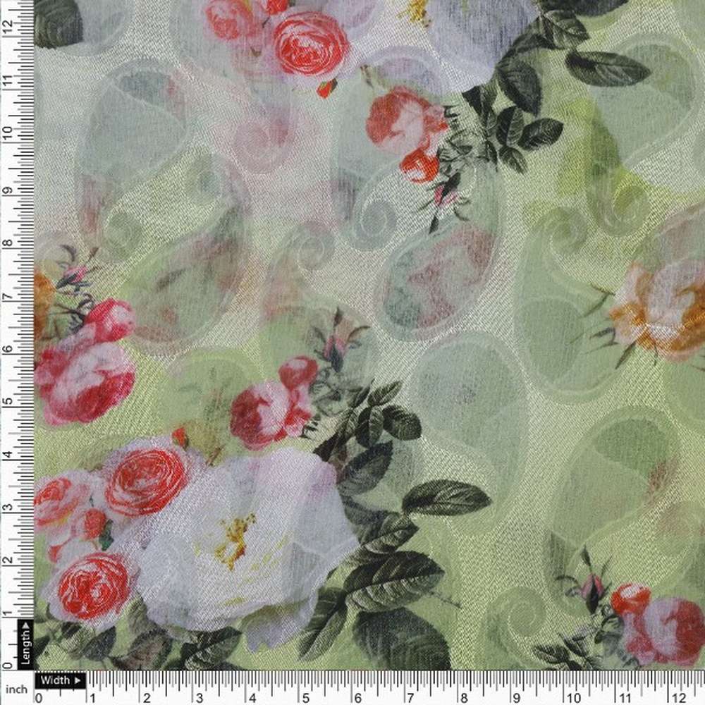 Lime Green Floral and Paisley Print Brasso Fabric - Image 4