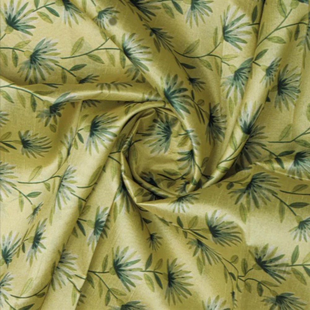 Lime Green Floral Vine Printed Tusser Silk Fabric - Image 3