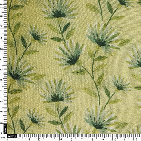 Lime Green Floral Vine Printed Tusser Silk Fabric - Image 4