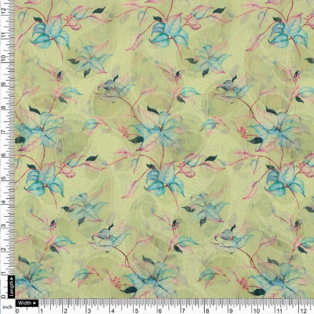 Lime Green Floral Watercolour Brasso Fabric for Apparel - Image 4