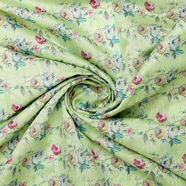 Lime Green Tusser Silk Floral Print Fabric - Image 2