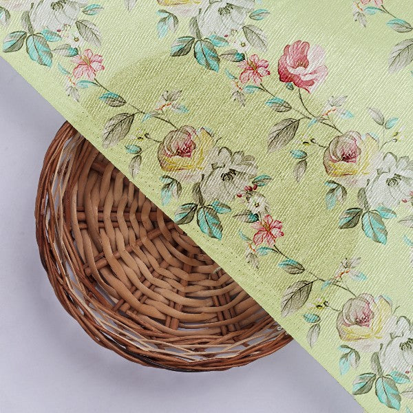 Lime Green Tusser Silk Floral Print Fabric - Image 3