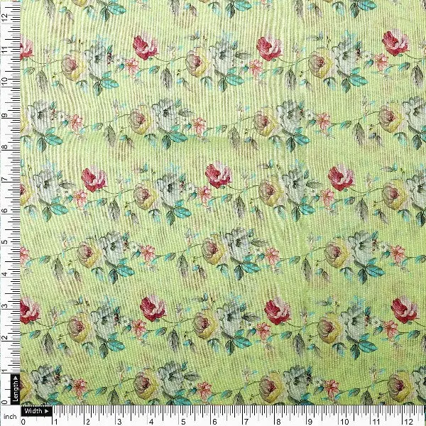 Lime Green Tusser Silk Floral Print Fabric - Image 4
