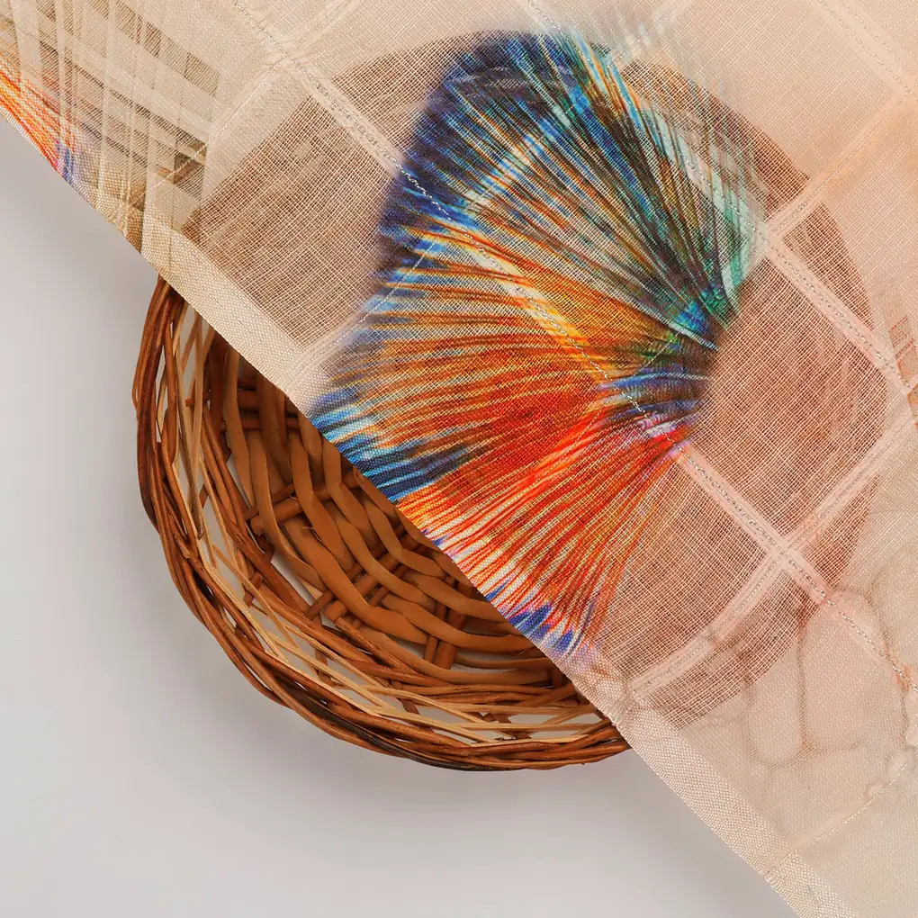 FAB VOGUE Studio Linen Digital Printed Fabric - Peach & Blue Feather - Image 2