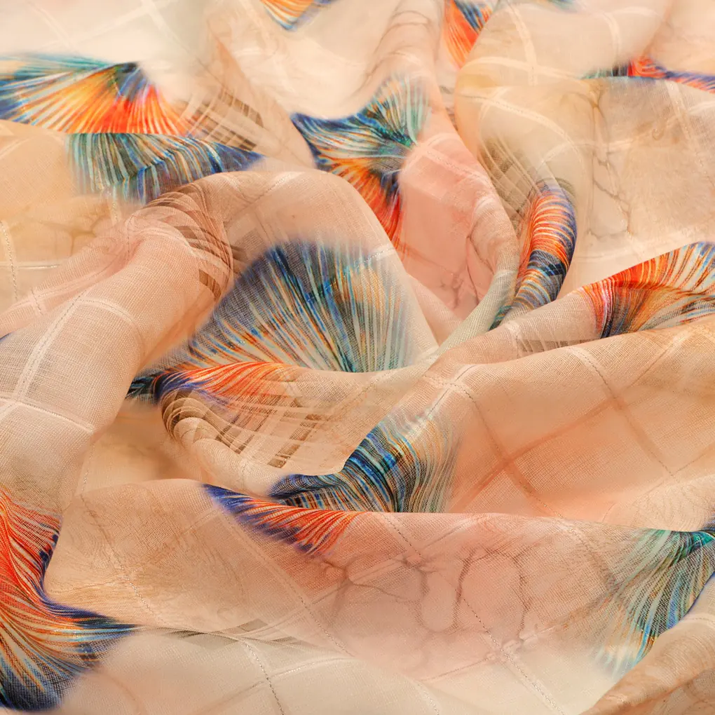 FAB VOGUE Studio Linen Digital Printed Fabric - Peach & Blue Feather - Image 3